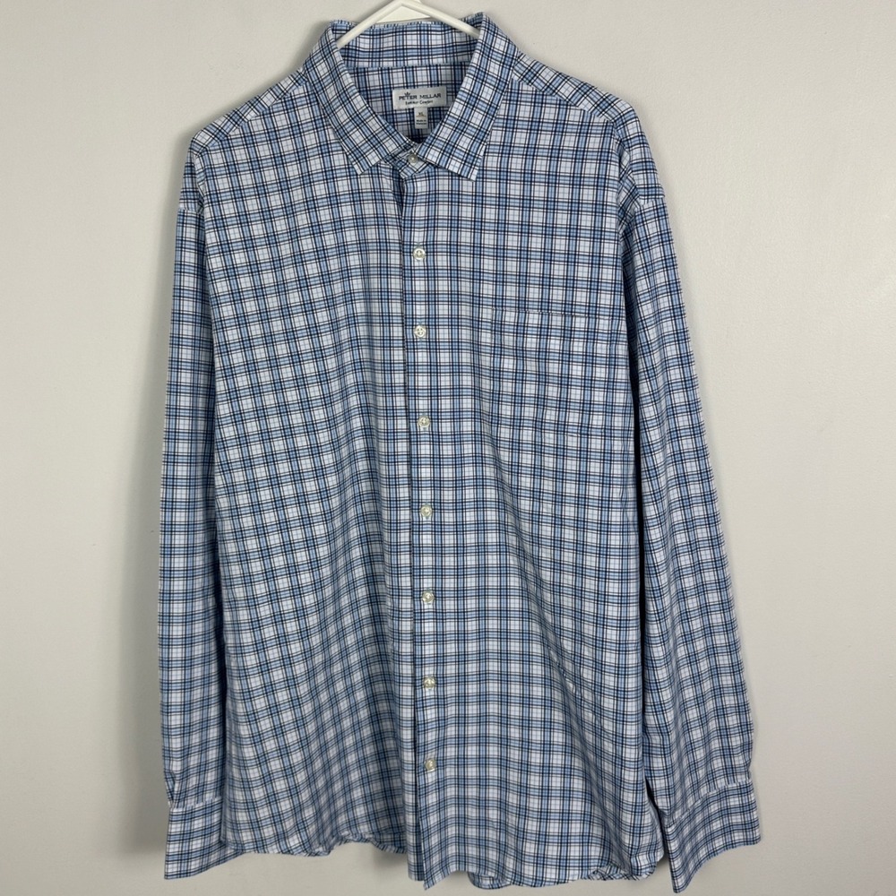 Peter Millar Summer Comfort Crown Long Sleeve Collared Shirt Blue Plaid Size‎ XL